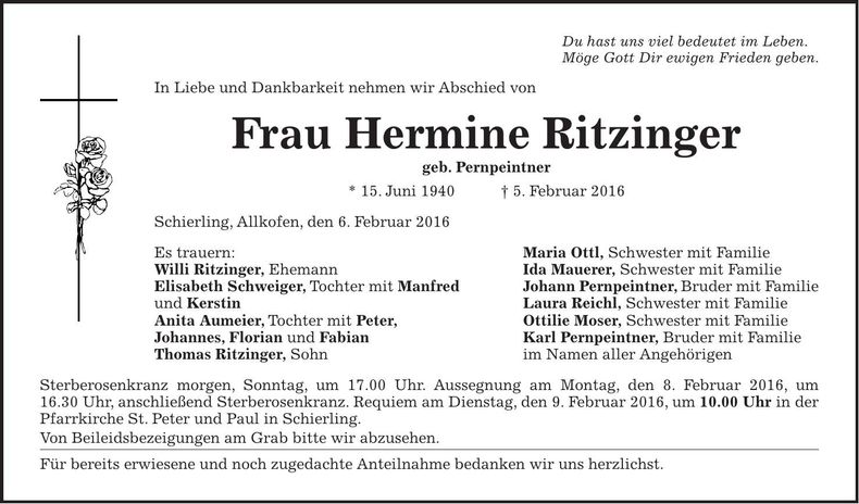 Traueranzeige Hermine Ritzinger