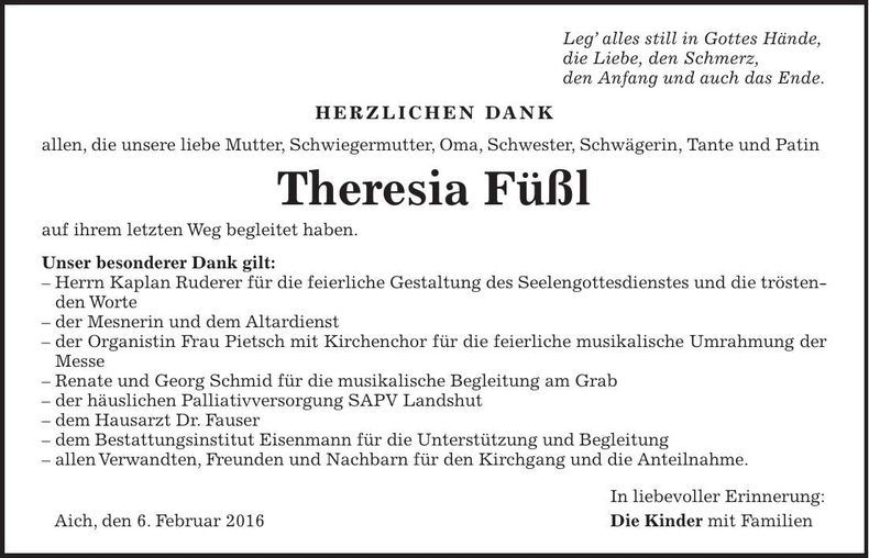 Traueranzeige Theresia Füßl