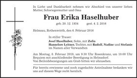 Traueranzeige Erika Haselhuber
