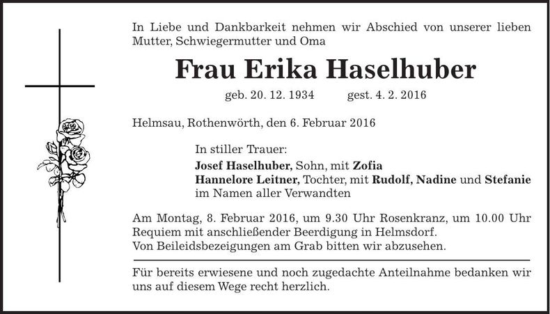 Traueranzeige Erika Haselhuber