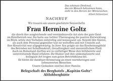 Traueranzeige Hermine Goltz