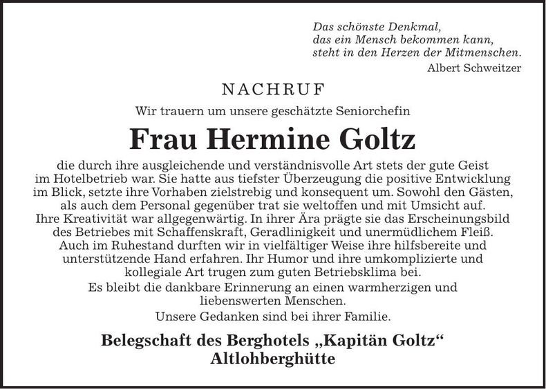 Traueranzeige Hermine Goltz