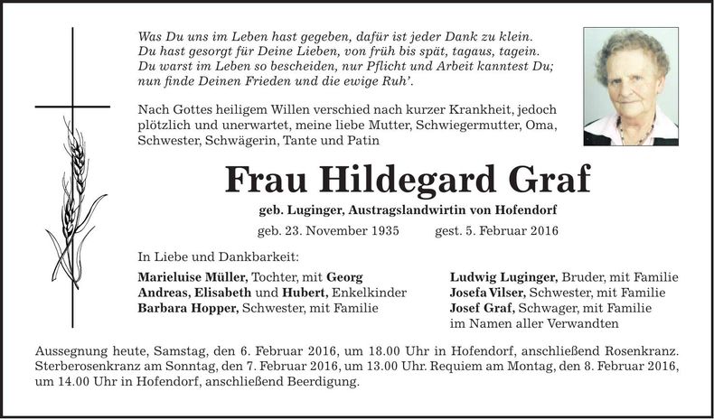 Traueranzeige Hildegard Graf