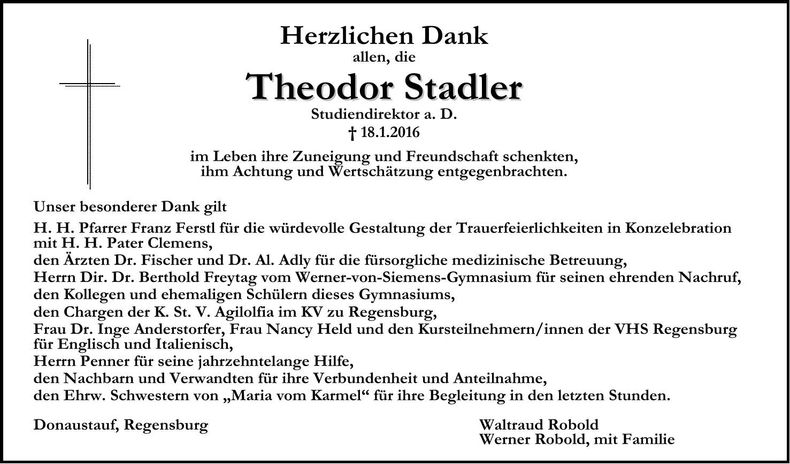 Traueranzeige Theodor Stadler