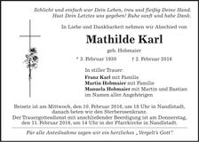 Traueranzeige Mathilde Karl