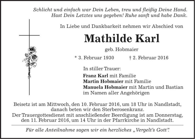 Traueranzeige Mathilde Karl