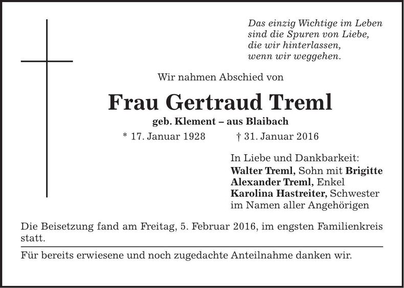 Traueranzeige Gertraud Treml