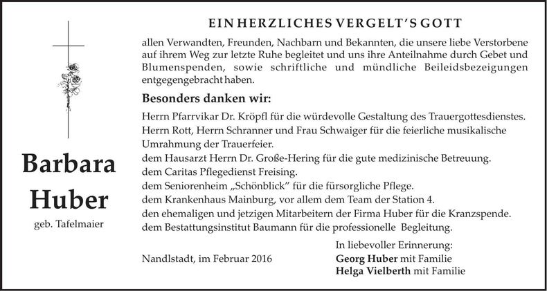 Traueranzeige Barbara Huber