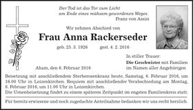 Traueranzeige Anna Rackerseder