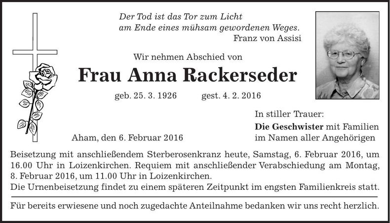 Traueranzeige Anna Rackerseder