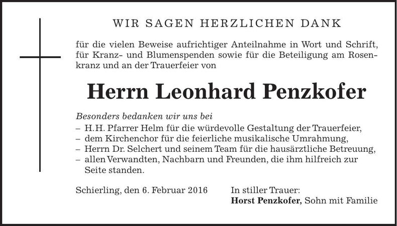 Traueranzeige Leonhard Penzkofer