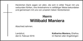 Traueranzeige Willibald Maniera