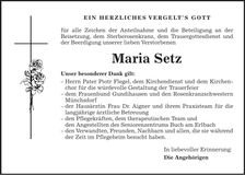 Traueranzeige Maria Setz