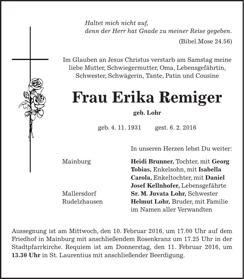 Traueranzeige Erika Remiger