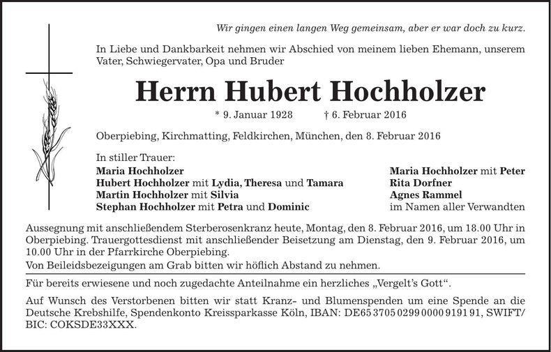 Traueranzeige Hubert Hochholzer