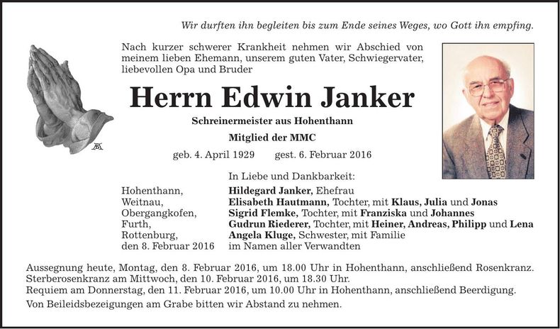 Traueranzeige Edwin Janker