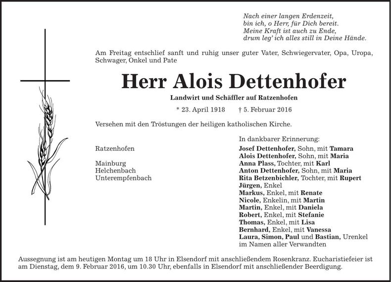 Traueranzeige Alois Dettenhofer