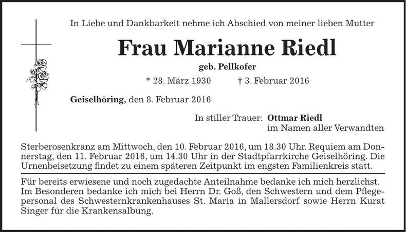 Traueranzeige Marianne Riedl