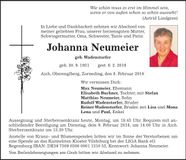 Traueranzeige Johanna Neumeier