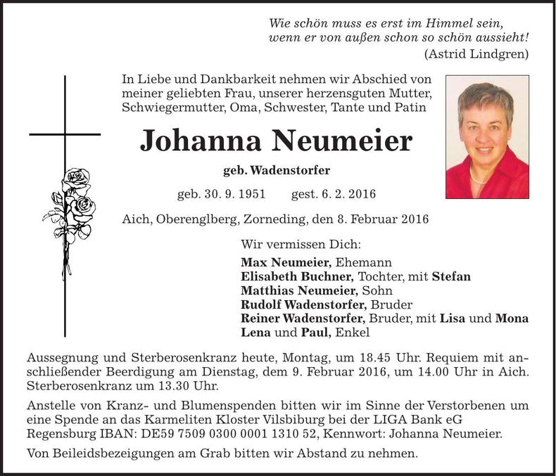Traueranzeige Johanna Neumeier