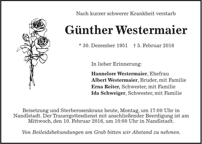 Traueranzeige Günther Westermaier