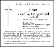 Traueranzeige Cäcilia Bergwinkl