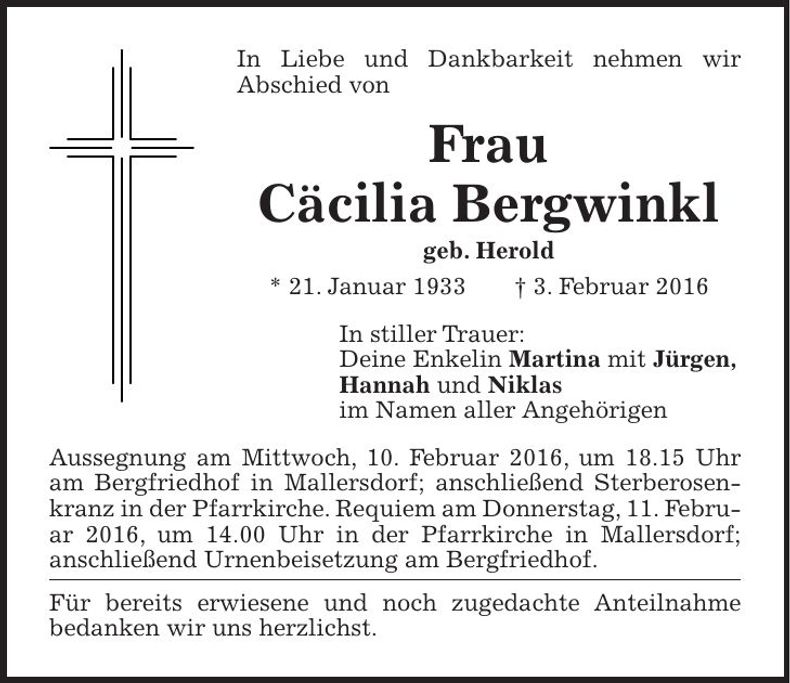 Traueranzeige Cäcilia Bergwinkl