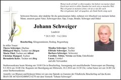 Traueranzeige Johann Schweiger