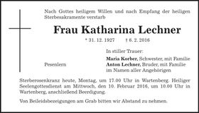 Traueranzeige Katharina Lechner