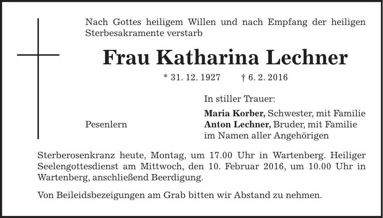 Traueranzeige Katharina Lechner
