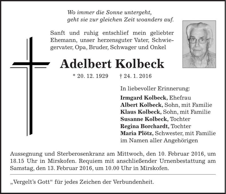 Traueranzeige Adelbert Kolbeck