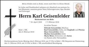 Traueranzeige Karl Geisenfelder