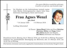 Traueranzeige Agnes Wenzl