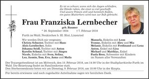 Traueranzeige Franziska Lernbecher