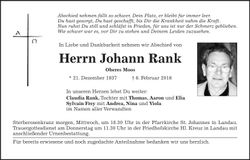 Traueranzeige Johann Rank