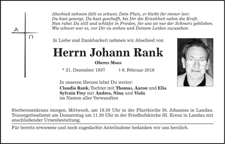 Traueranzeige Johann Rank