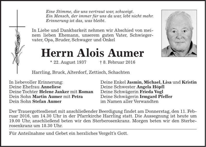Traueranzeige Alois Aumer
