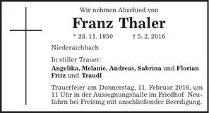 Traueranzeige Franz Thaler