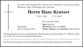 Traueranzeige Hans Kratzer