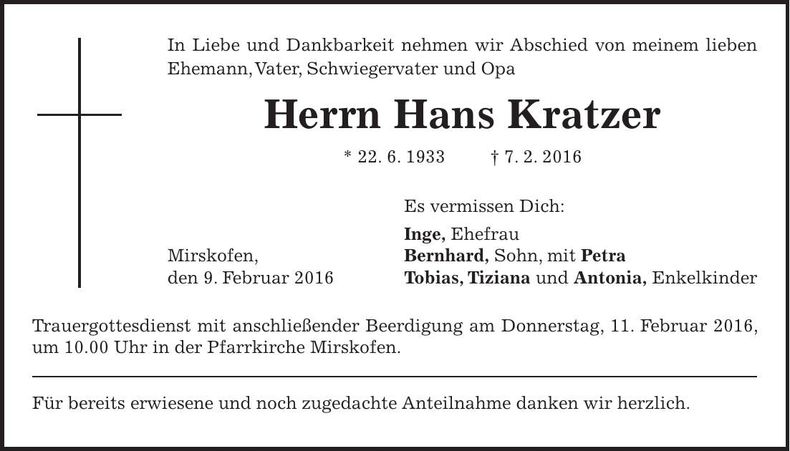Traueranzeige Hans Kratzer