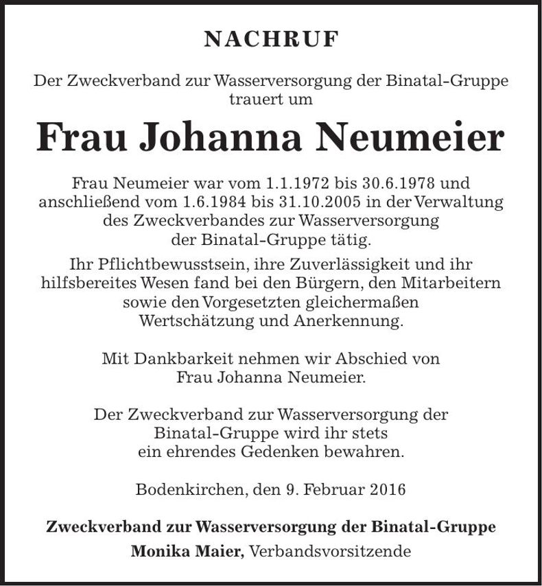 Traueranzeige Johanna Neumeier