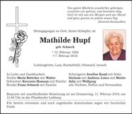Traueranzeige Mathilde Hupf