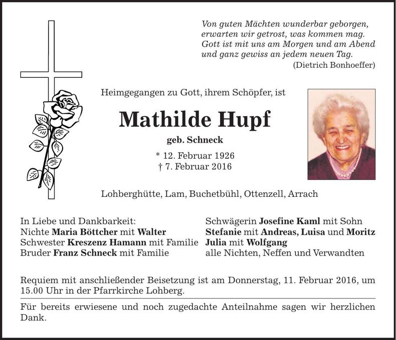 Traueranzeige Mathilde Hupf