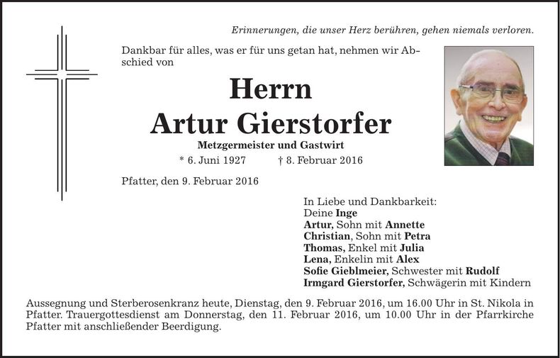 Traueranzeige Artur Gierstorfer