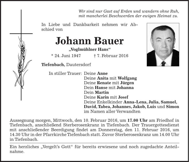 Traueranzeige Johann Bauer