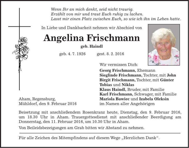 Traueranzeige Angelina Frischmann