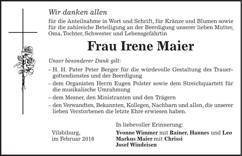 Traueranzeige Irene Maier