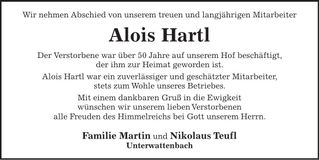 Traueranzeige Alois Hartl