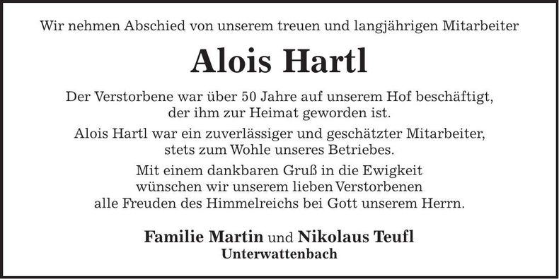 Traueranzeige Alois Hartl
