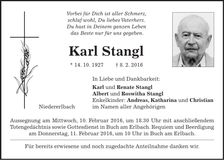 Traueranzeige Karl Stangl